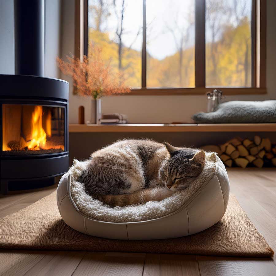 cat-and-fire Putting a dog to sleep at home